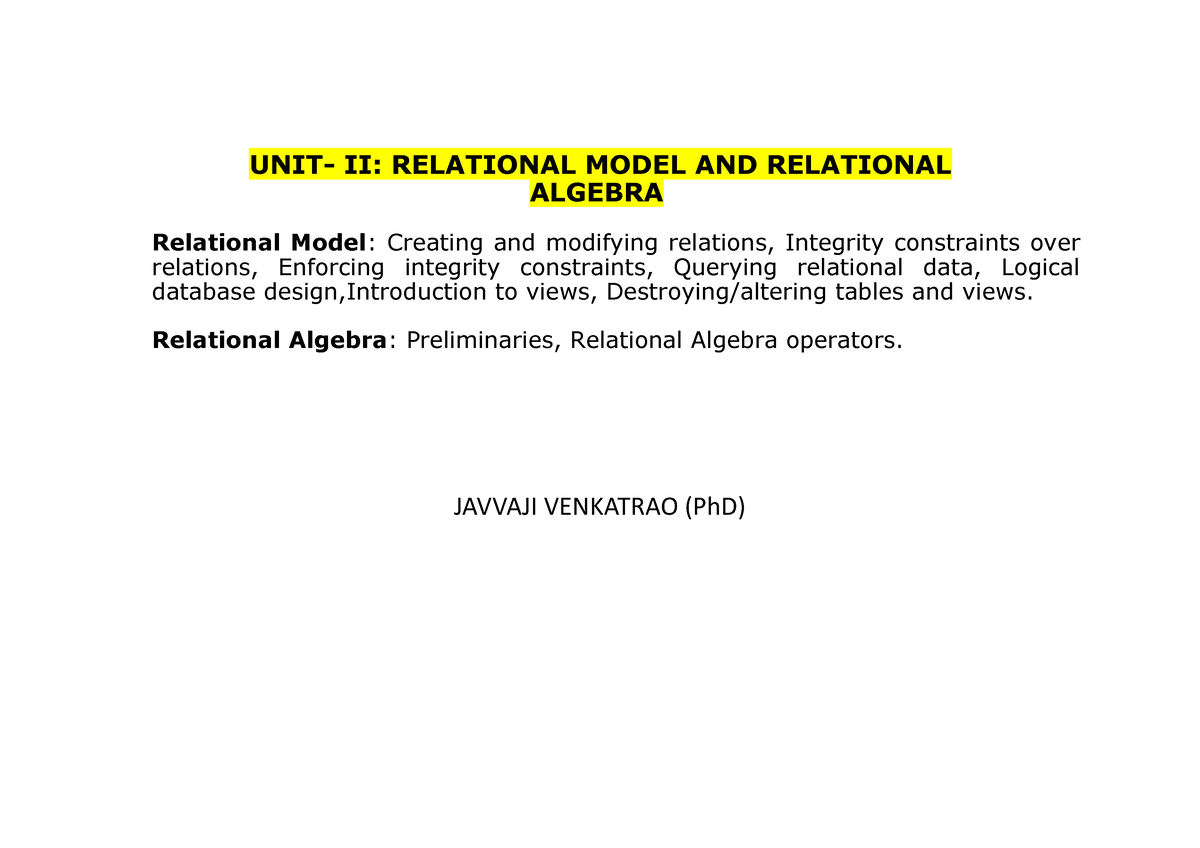 DBMS UNIT2 - UNIT- II: RELATIONAL MODEL AND RELATIONAL ALGEBRA ...