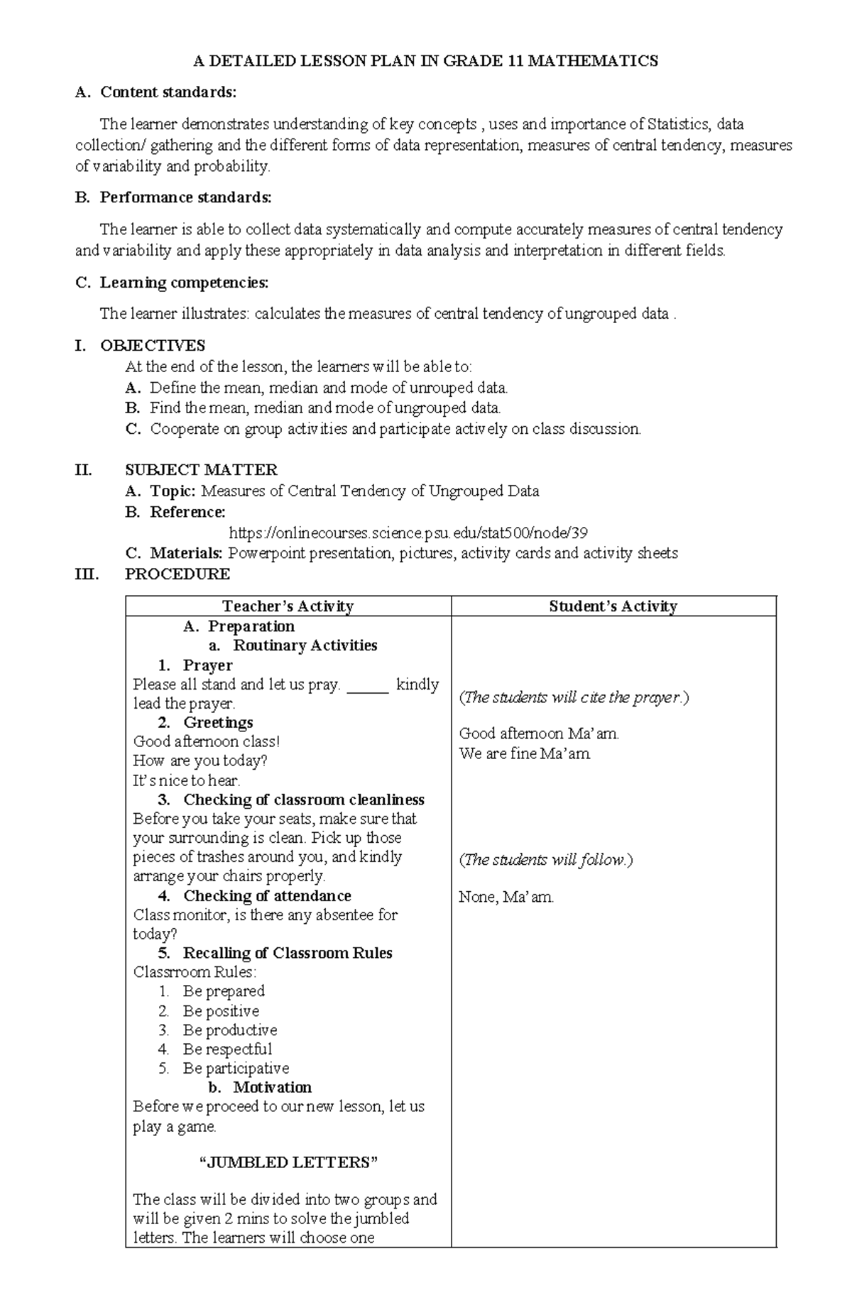 LP-jr high - A DETAILED LESSON PLAN IN GRADE 11 MATHEMATICS A. Content ...