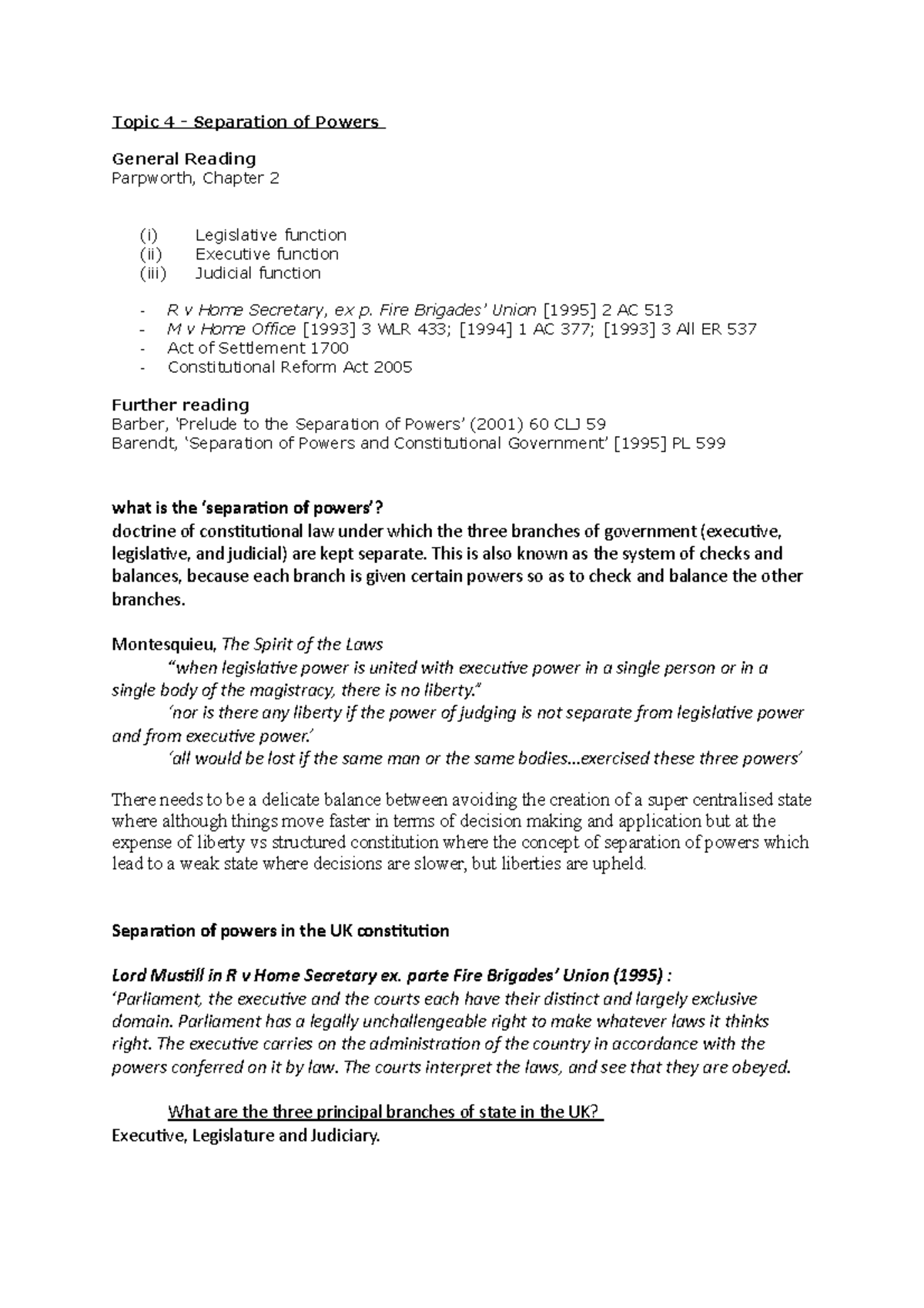 Topic 4 - separation of powers - Topic 4 - Separation of Powers General ...