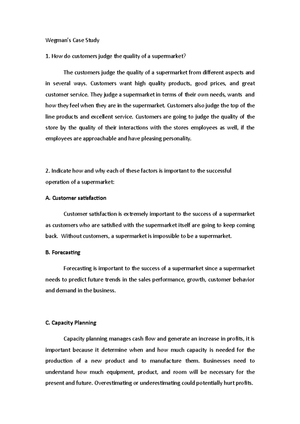 Wegman's Case Study. doc - Wegman's Case Study How do customers judge ...