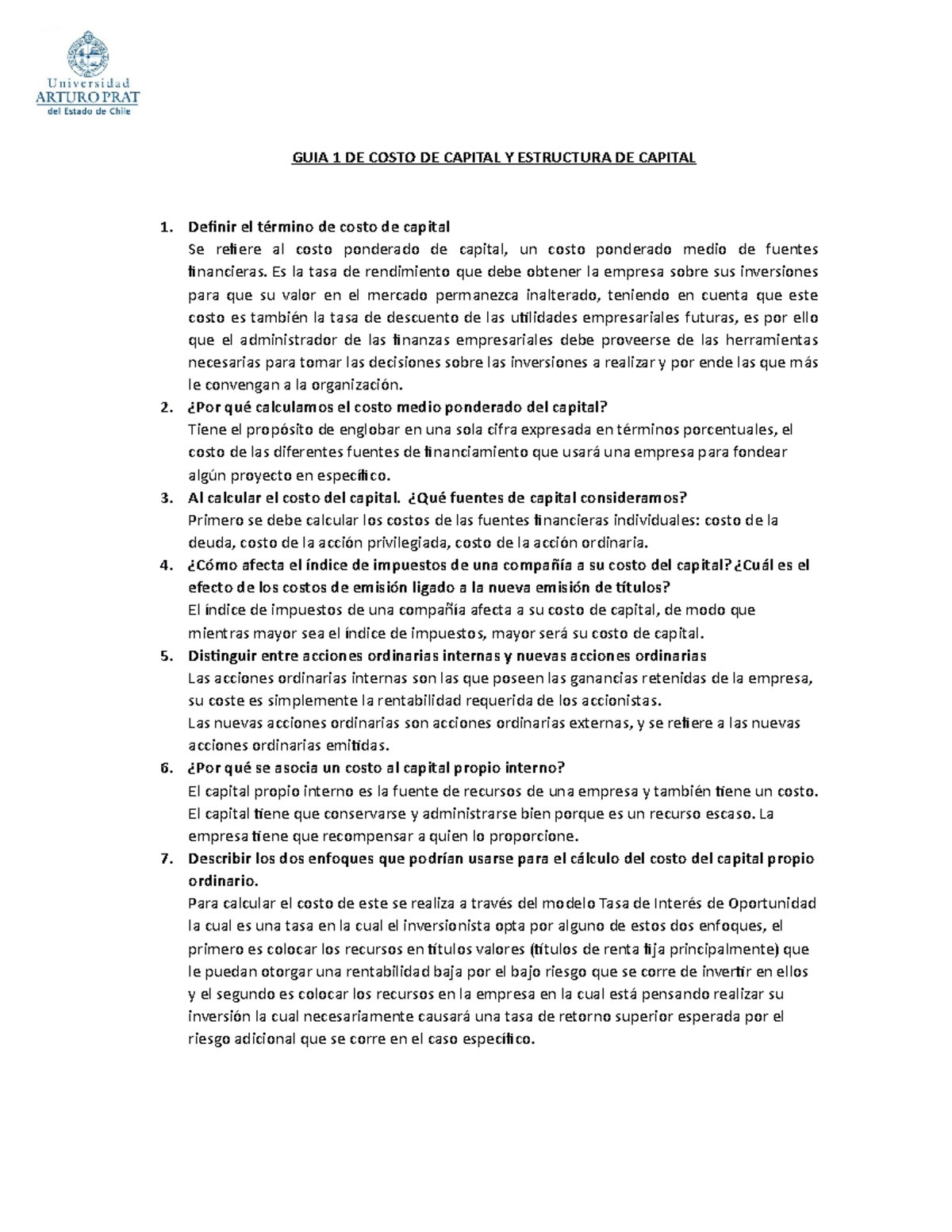 Cuestionario Costo Y Estructura De Capital Guia De Costo De Capital Y Estructura De