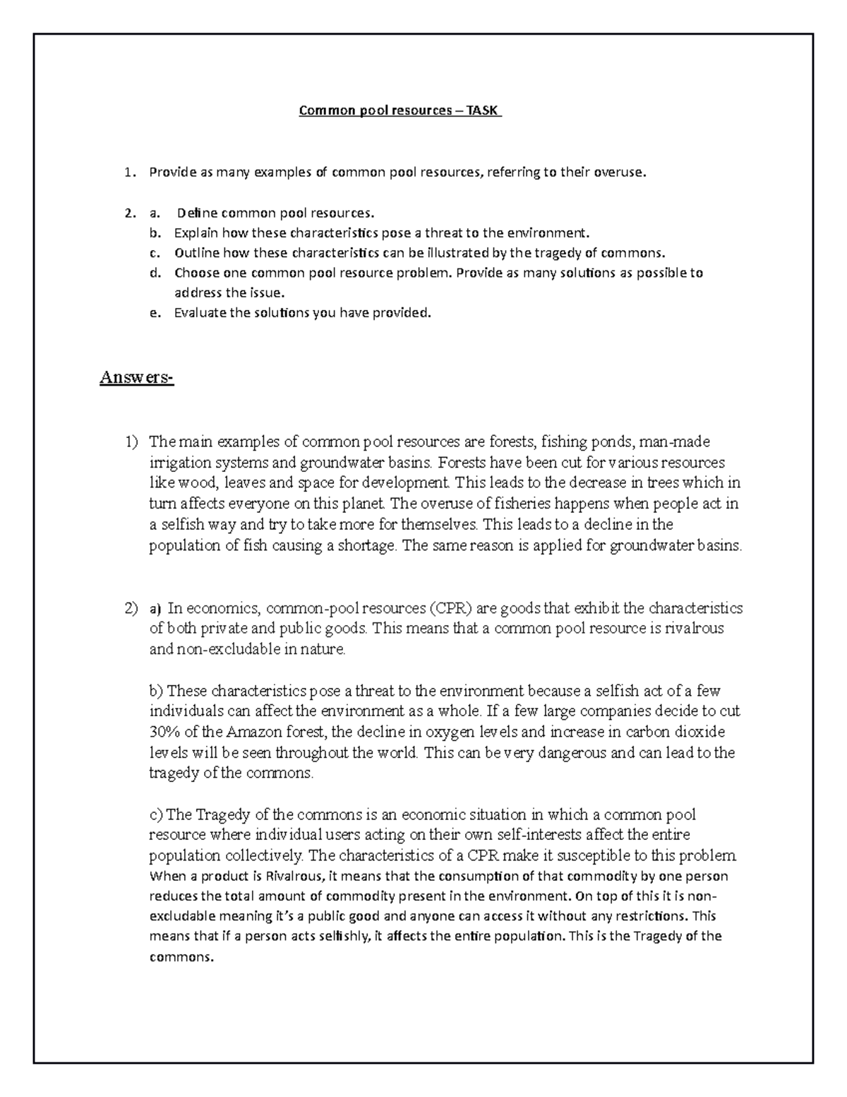 Common pool resources task Common pool resources TASK Provide as