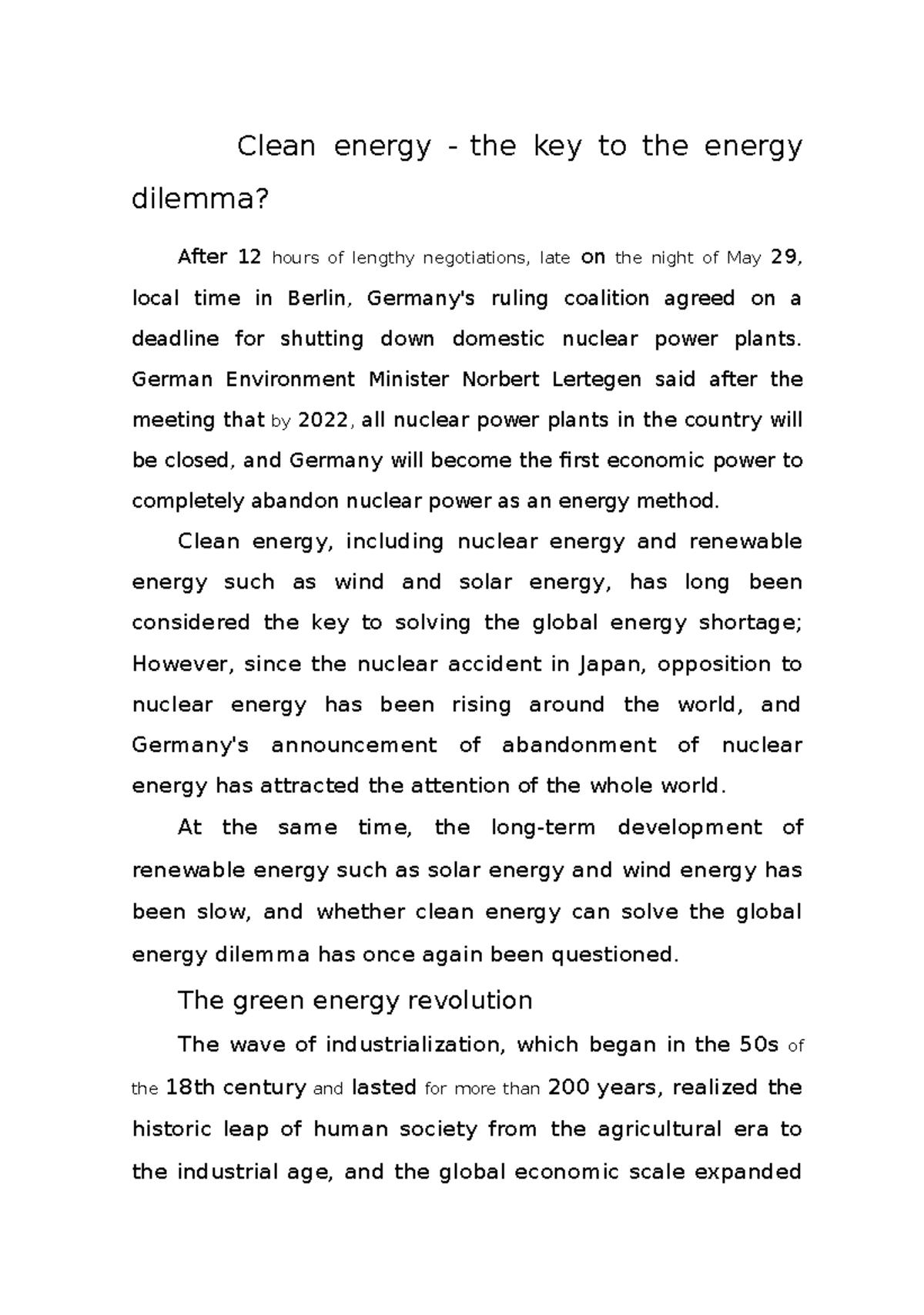 Clean energy - the key to the energy dilemma - Clean energy - the key ...