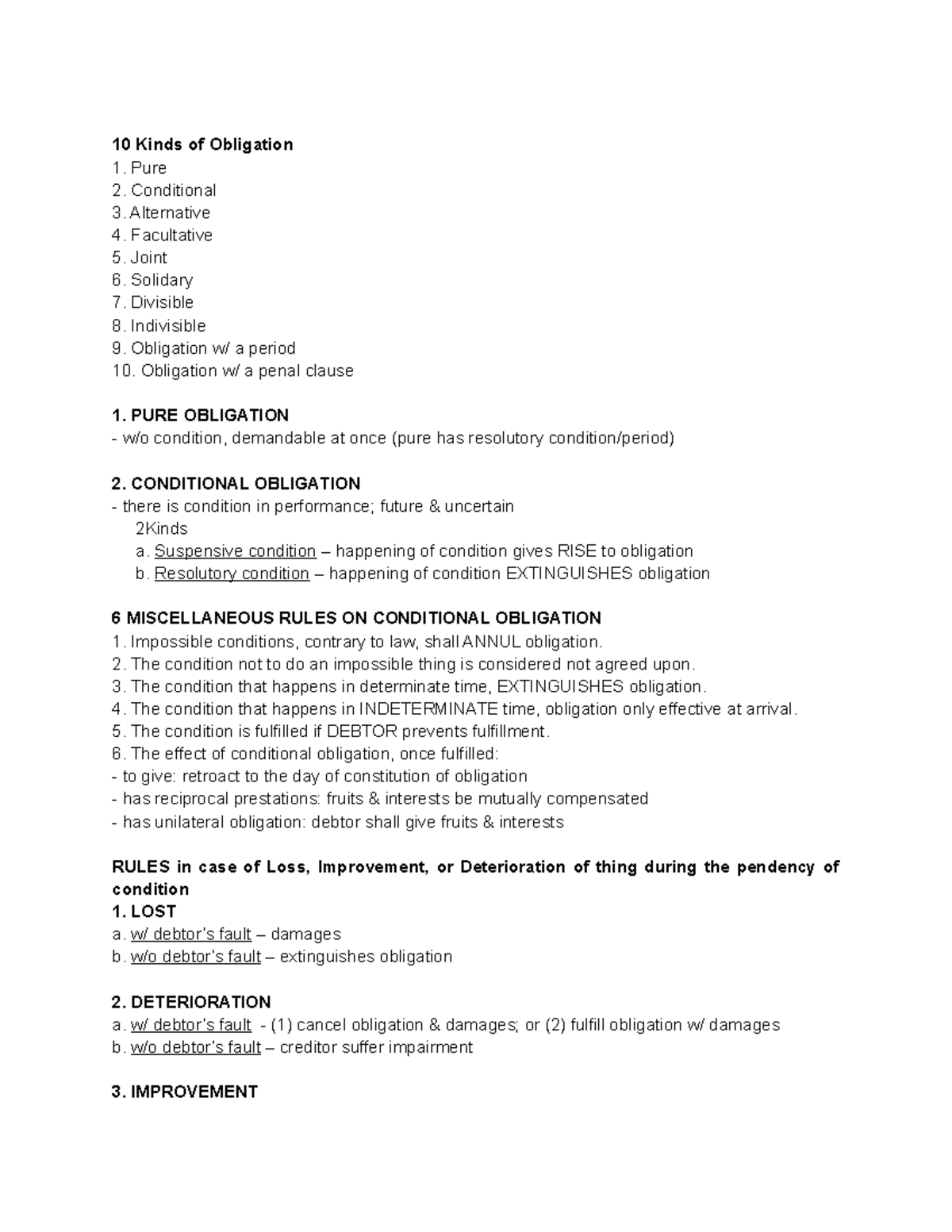 Oblicon Midterm coverage - 10 Kinds of Obligation Pure Conditional ...