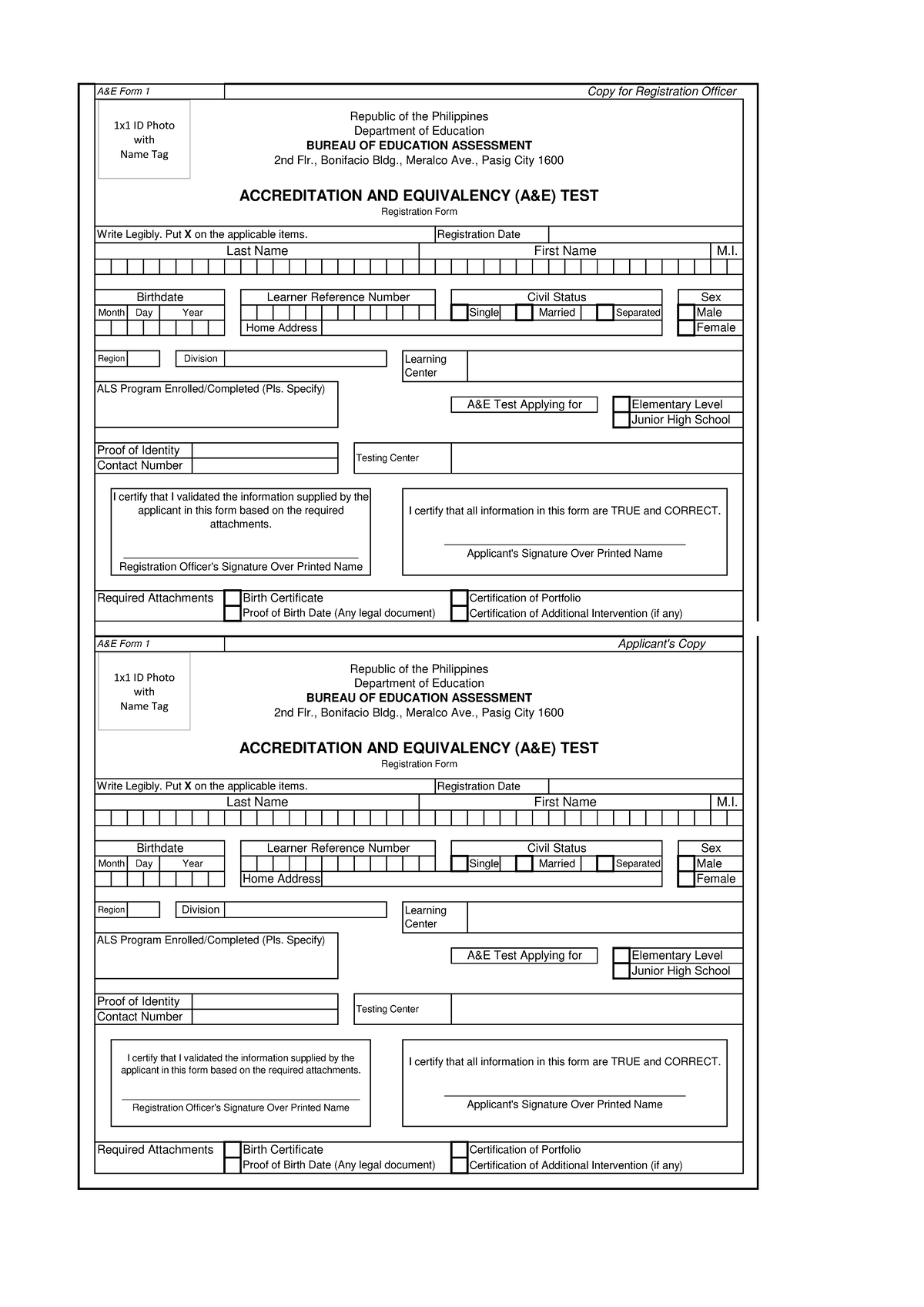 Revised Ae Registration Form A E Form 1 Copy For Registration Officer