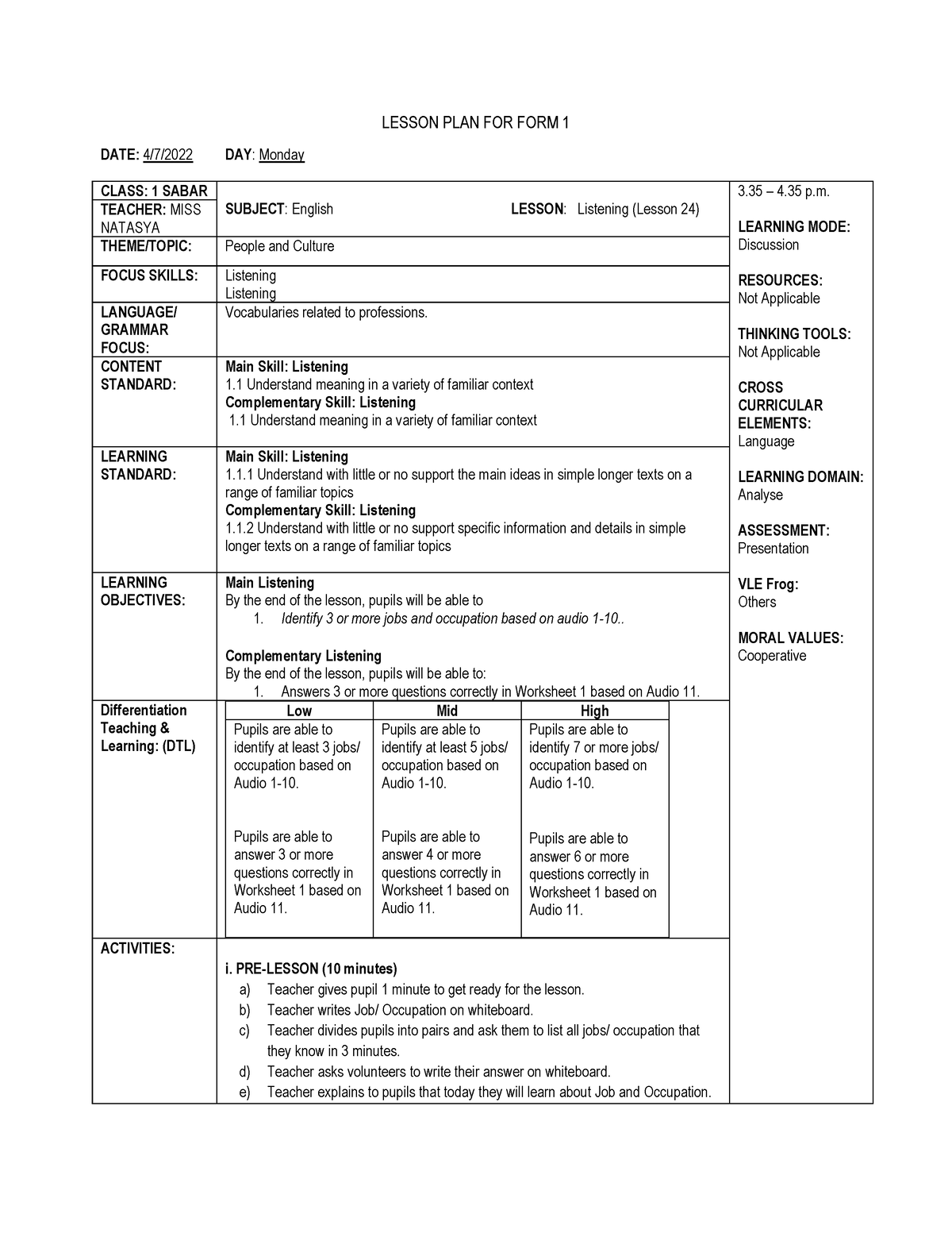 lesson plan bahasa inggeris - LESSON PLAN FOR FORM 1 DATE: 4/7/2022 DAY ...