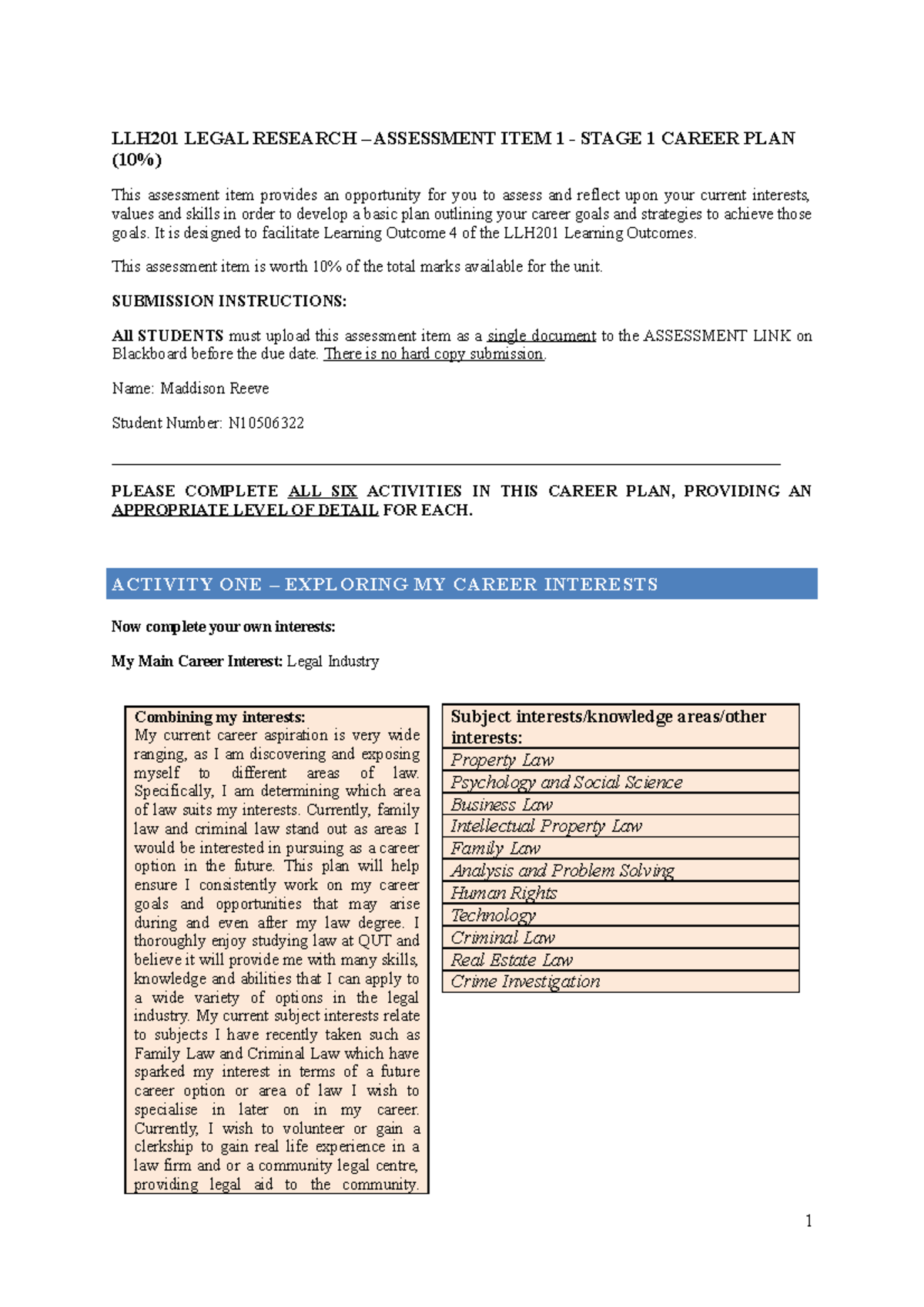 LLH201 Career Plan Task - LLH201 LEGAL RESEARCH – ASSESSMENT ITEM 1 ...