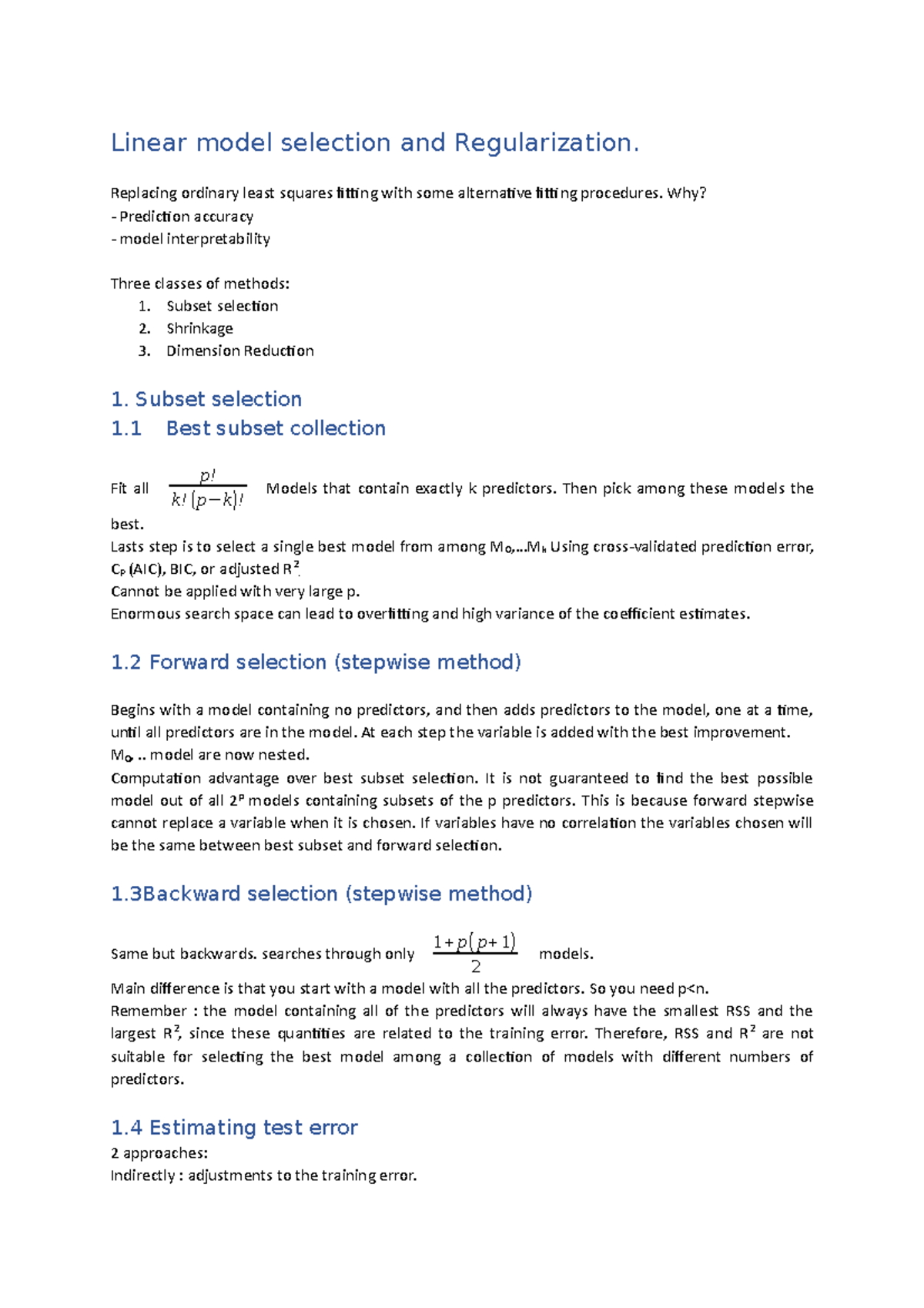 Summary chapter 6 - Hoofdstuk 6 - Linear model selection and ...
