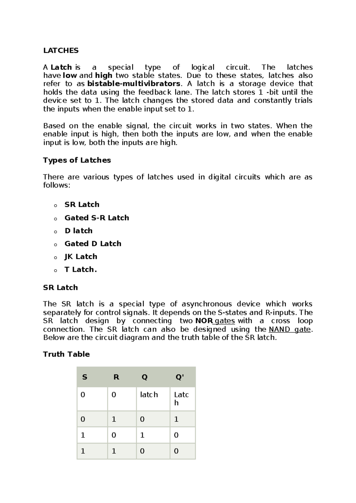 Latches - Class notes - LATCHES A Latch is a special type of logical ...