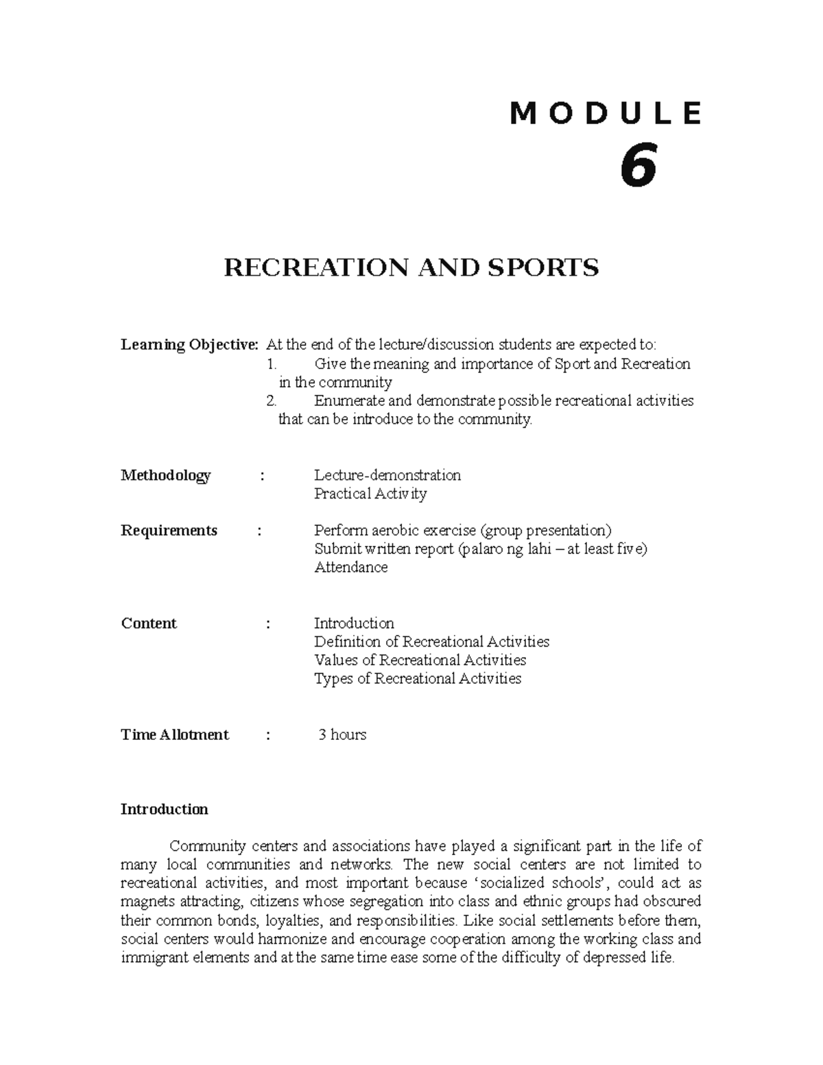 Module 6 Recreation And Sports M O D U L E 6 Recreation And Sports Learning Objective At The 0664