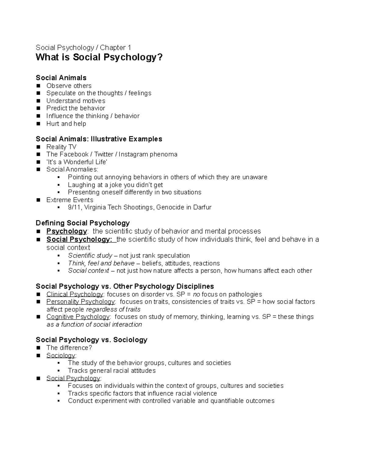 Collin College PSY 2319 Chapter 1 Social Psychology Notes Social
