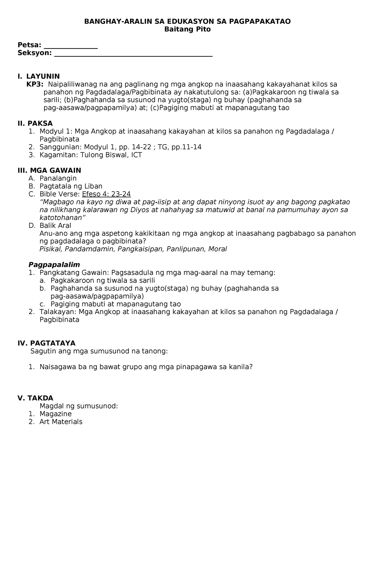 ESP7 Modyul 1 Sample - BANGHAY-ARALIN SA EDUKASYON SA PAGPAPAKATAO ...