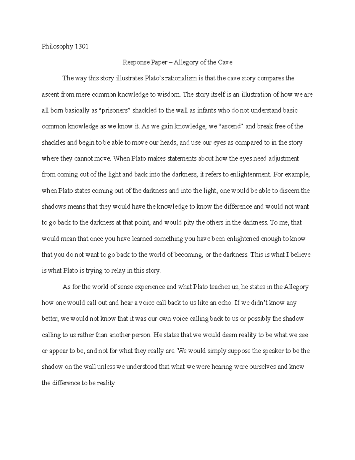 Collin College PHIL 1301 Allegory of the Cave Response Paper ...