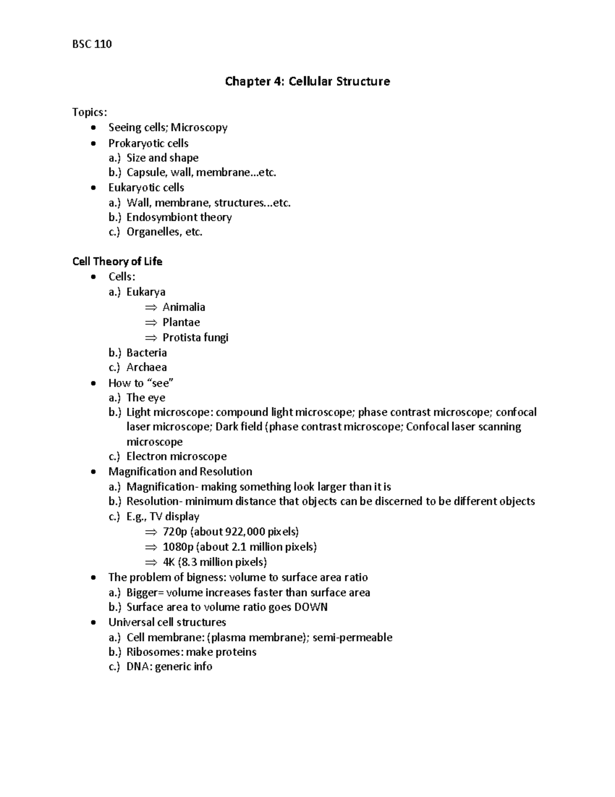Cellular Structure - notes - BSC 110 Chapter 4: Cellular Structure ...