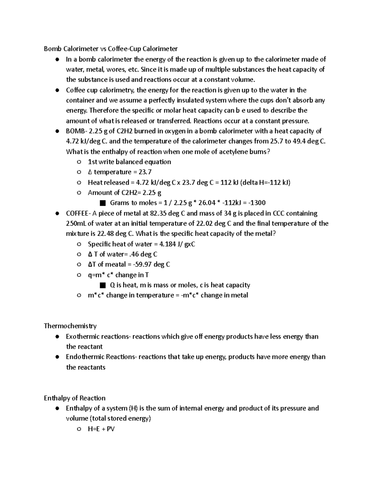 Chem 101 Lecture Notes Week 9 - Bomb Calorimeter Vs Coffee-Cup ...