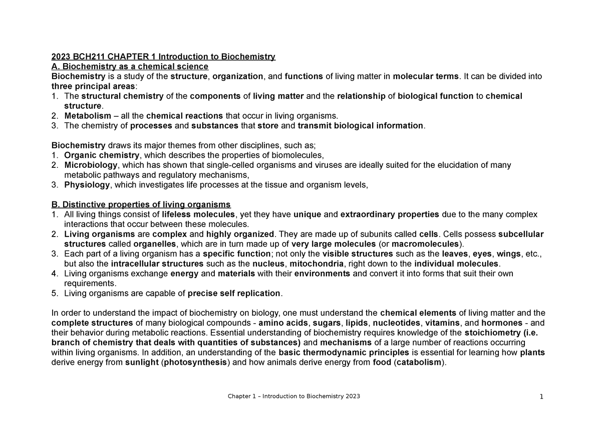 2023 BCH211 Chapter 1 Introduction to Biochemistry - 2023 BCH211 ...