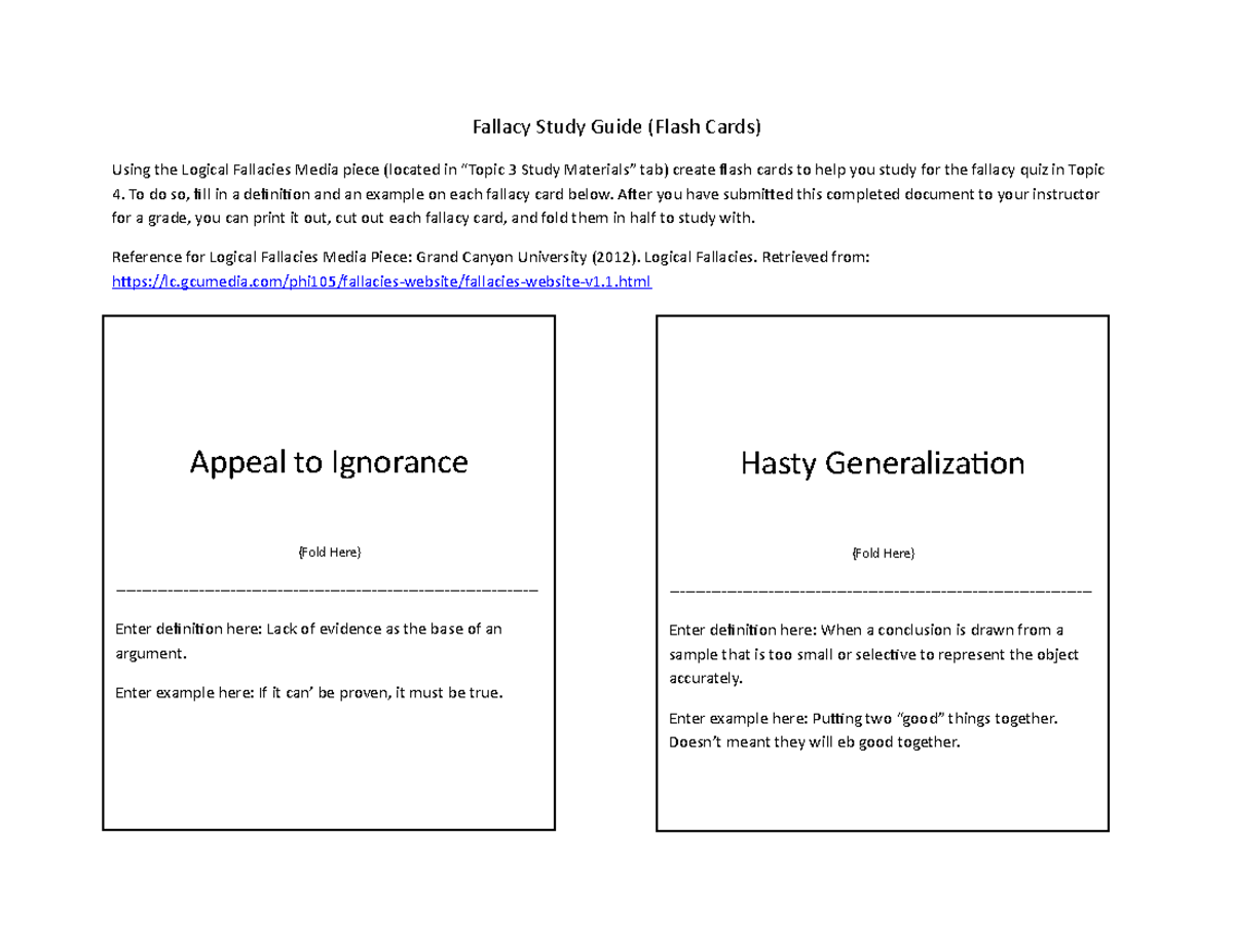 Flash Card Study Guide Fallacy Study Guide (Flash Cards) Using the