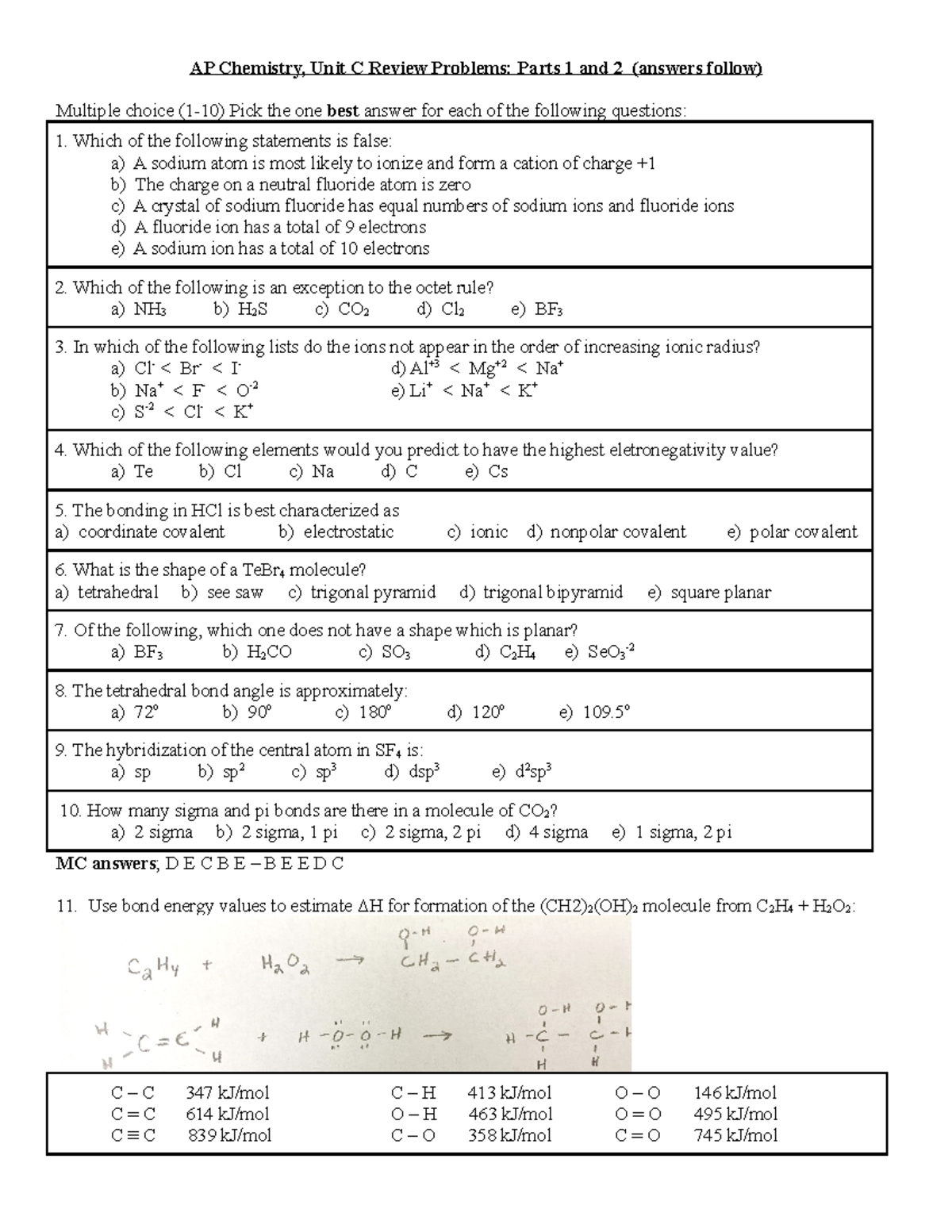 [unit C] Revew - Chemistry Practice. - Ap Chemistry, Unit C Review 