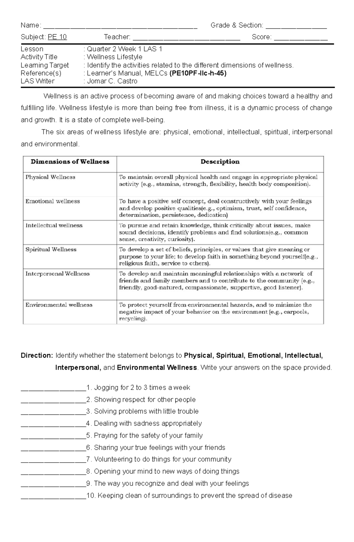 PE 10 Q2 Week 1 LAS 1 - PE Lecture - Name ...