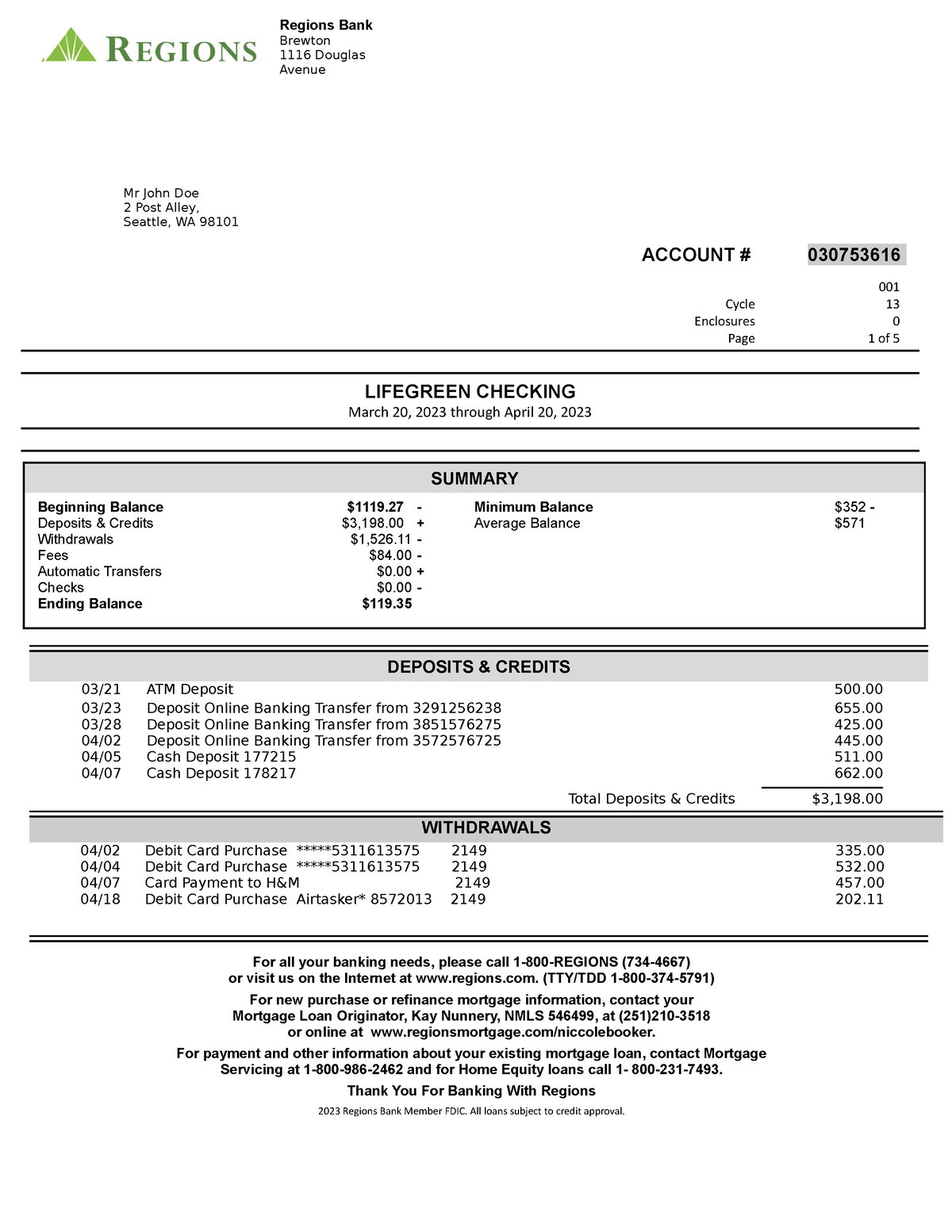 Regions Bank Statement Bank Statements Mr John Doe 2 Post Alley Seattle Wa 98101 Account