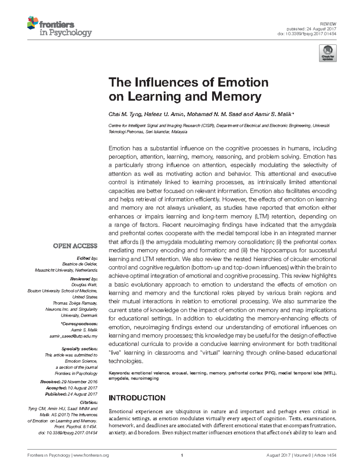 The Influences of Emotion on Learning and Memory - REVIEW published: 24 ...