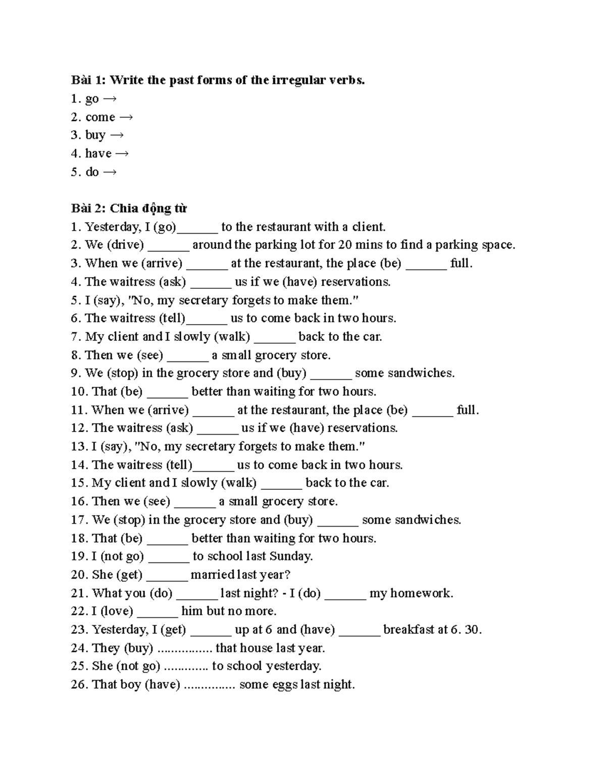 Qkhu And Htai Hthanh English B i 1 Write The Past Forms Of The