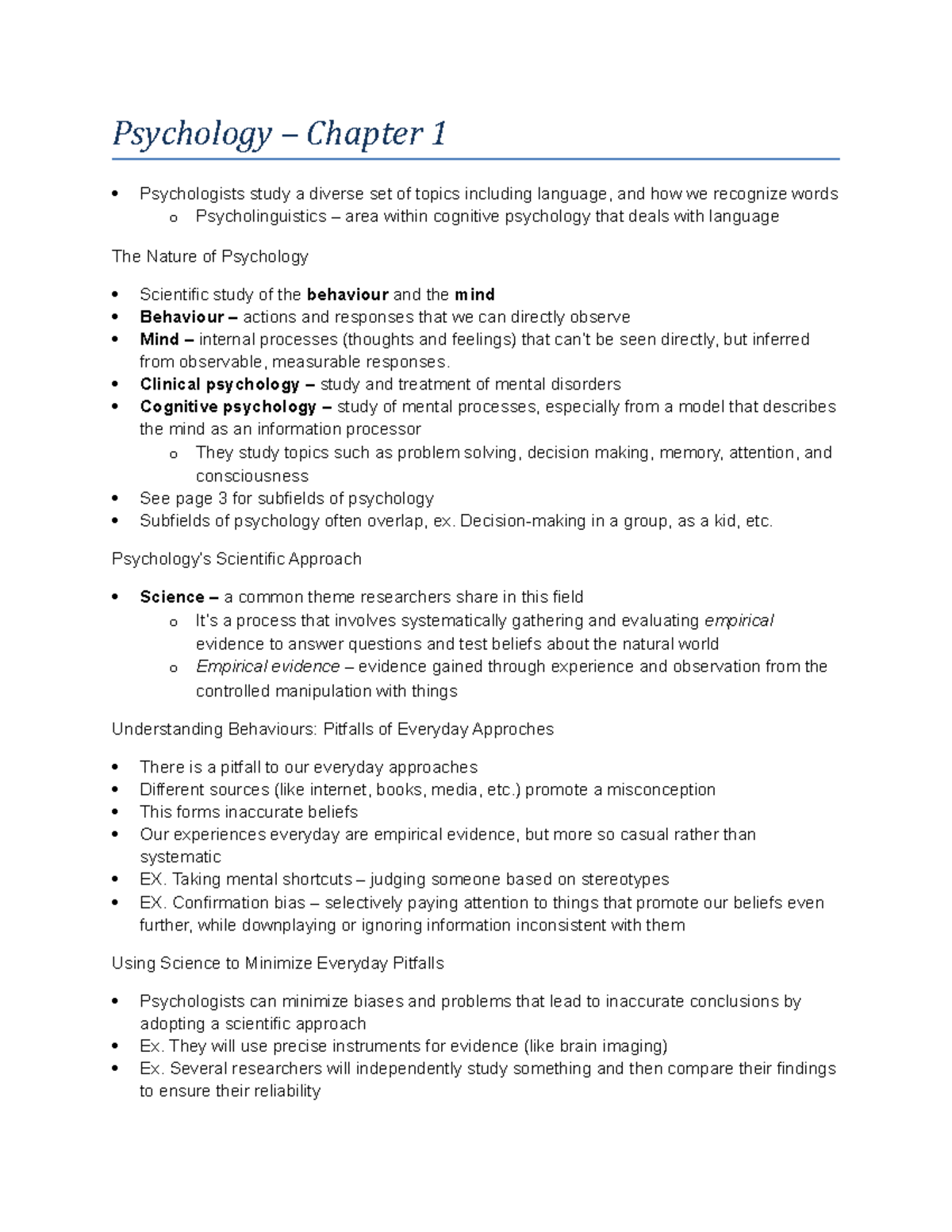 Chapter 1 Summary - Psychology – Chapter 1 Psychologists study a ...