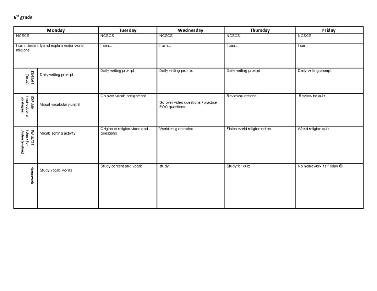 6th grade lesson plan - 6 th grade Monday Tuesday Wednesday Thursday ...