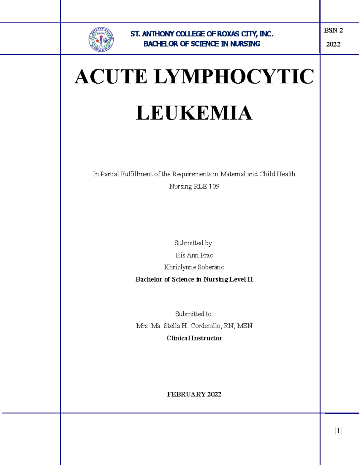 Acute Lymphocytic Leukemia (Overview) - Nursing - Studocu