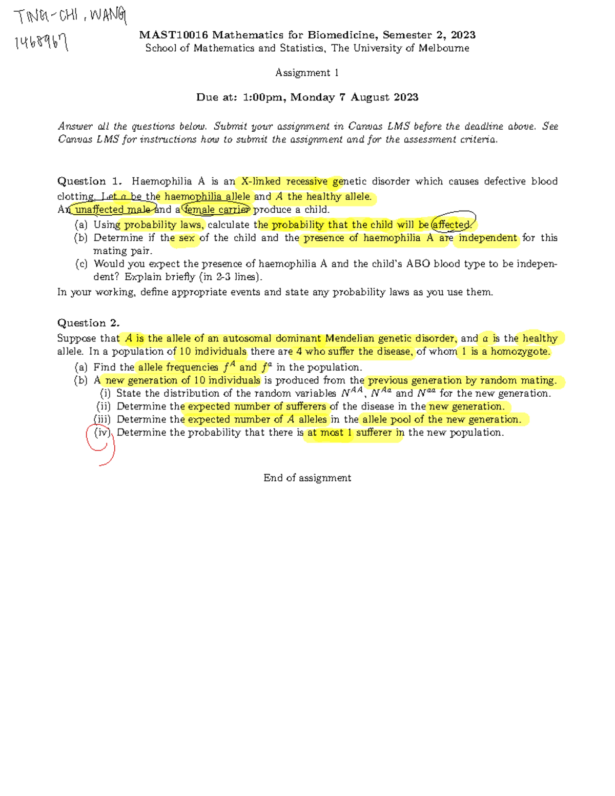 Assignment+1+-+MAST10016+2023S2 - MAST10016 Mathematics for Biomedicine ...