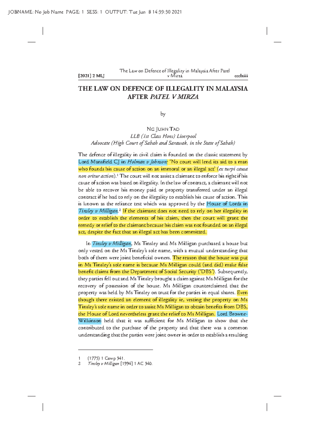 The Law on Defence of Illegality in Malaysia After Patel v Mirza [2021 ...