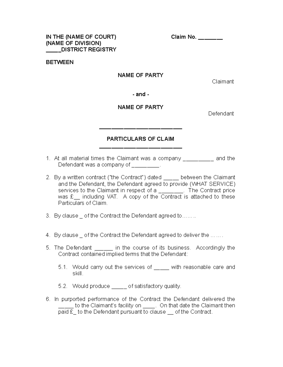 POC Draft - IN THE (NAME OF COURT) Claim No. ________ (NAME OF DIVISION ...