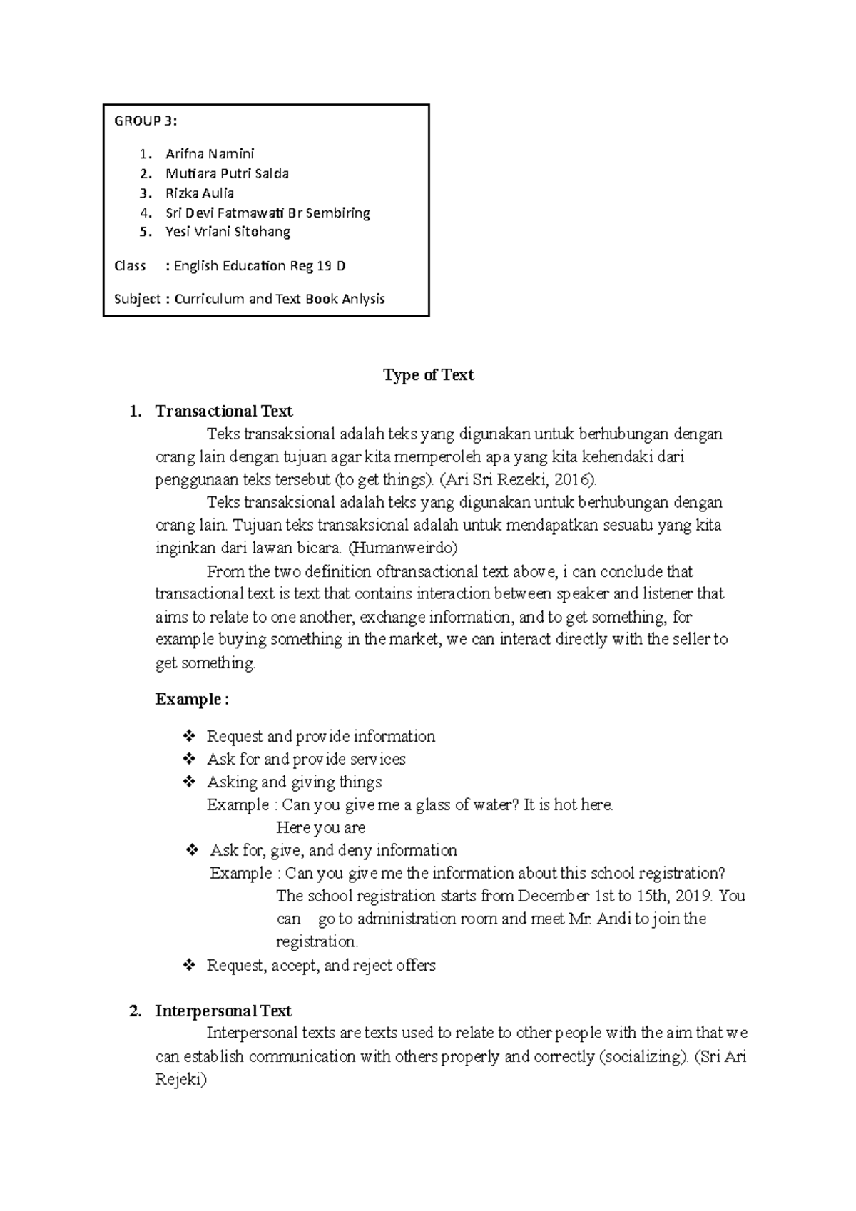 Group 3 Routine Task Type of Text - Type of Text Transactional Text ...
