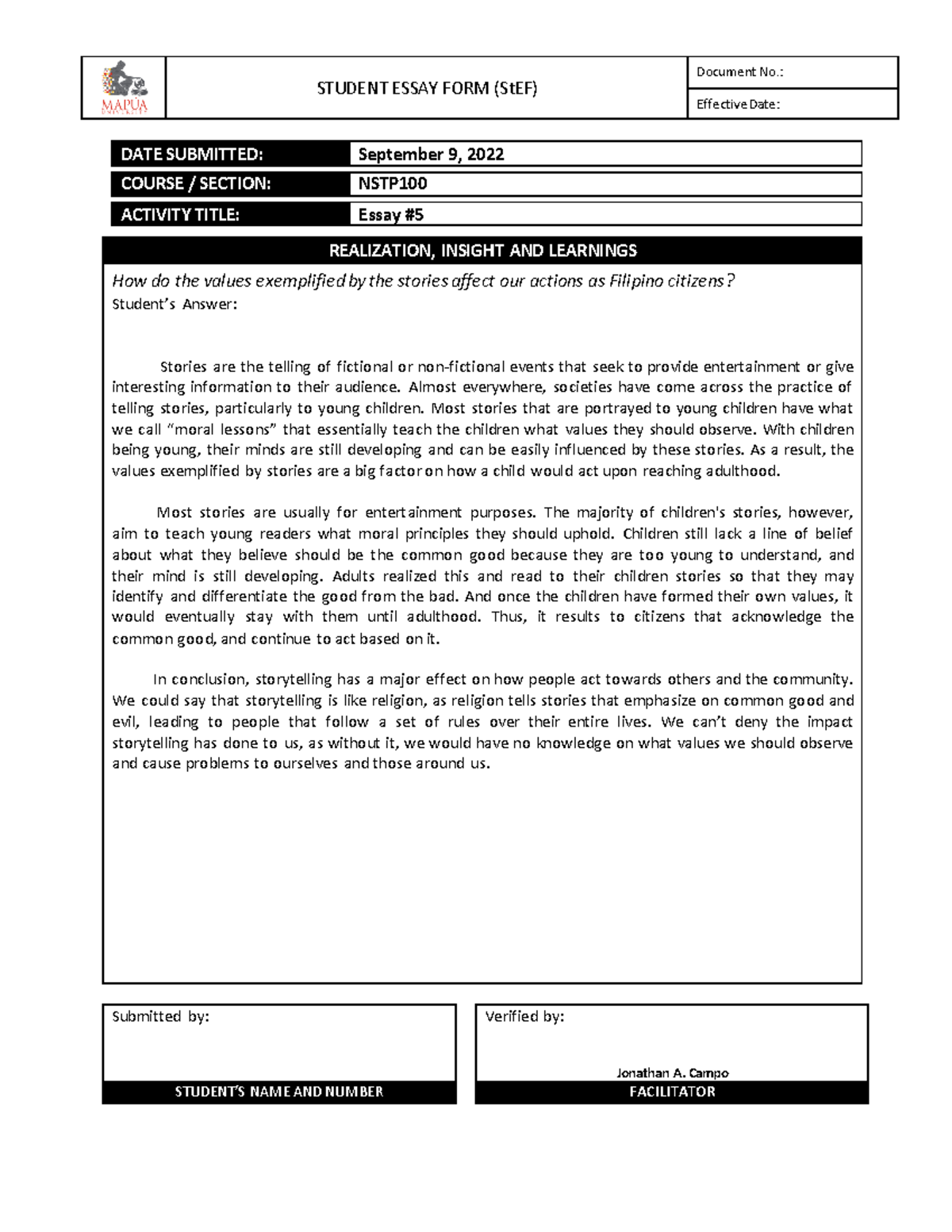 NSTP1 00 A6 Essay#5 - NSTP Essays First Year - STUDENT ESSAY FORM (StEF ...