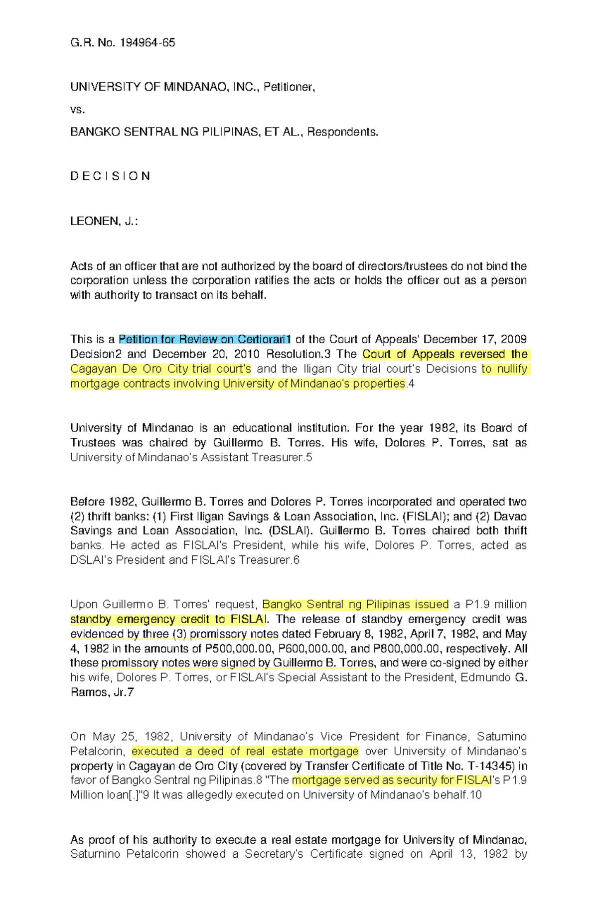 5 University Of Mindanao V - G. No. 194964- UNIVERSITY OF MINDANAO, INC ...