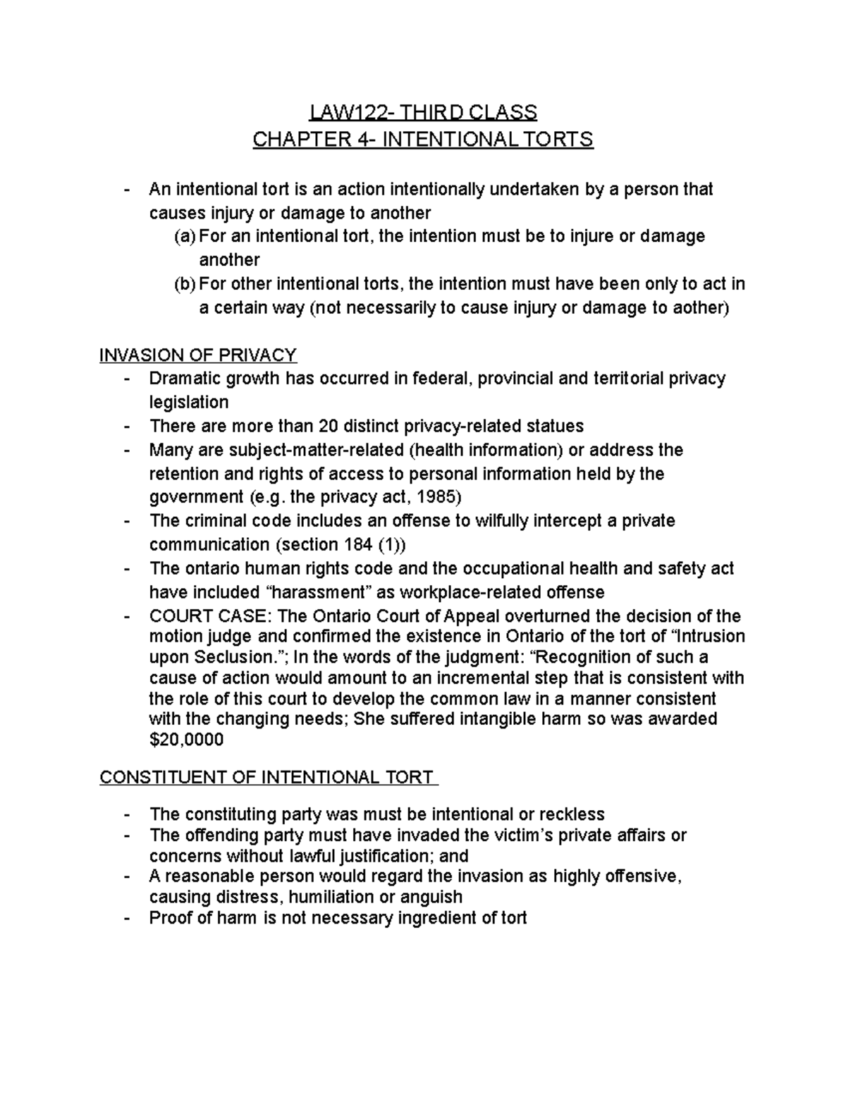 Class 3 - LAW122- THIRD CLASS CHAPTER 4- INTENTIONAL TORTS An ...