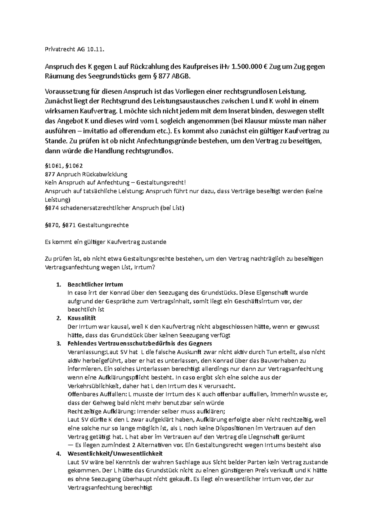 Anspruch Auf Rückzahlung Des Kaufpreises Irrtum und List - Privatrecht AG 10. Anspruch des K gegen L auf