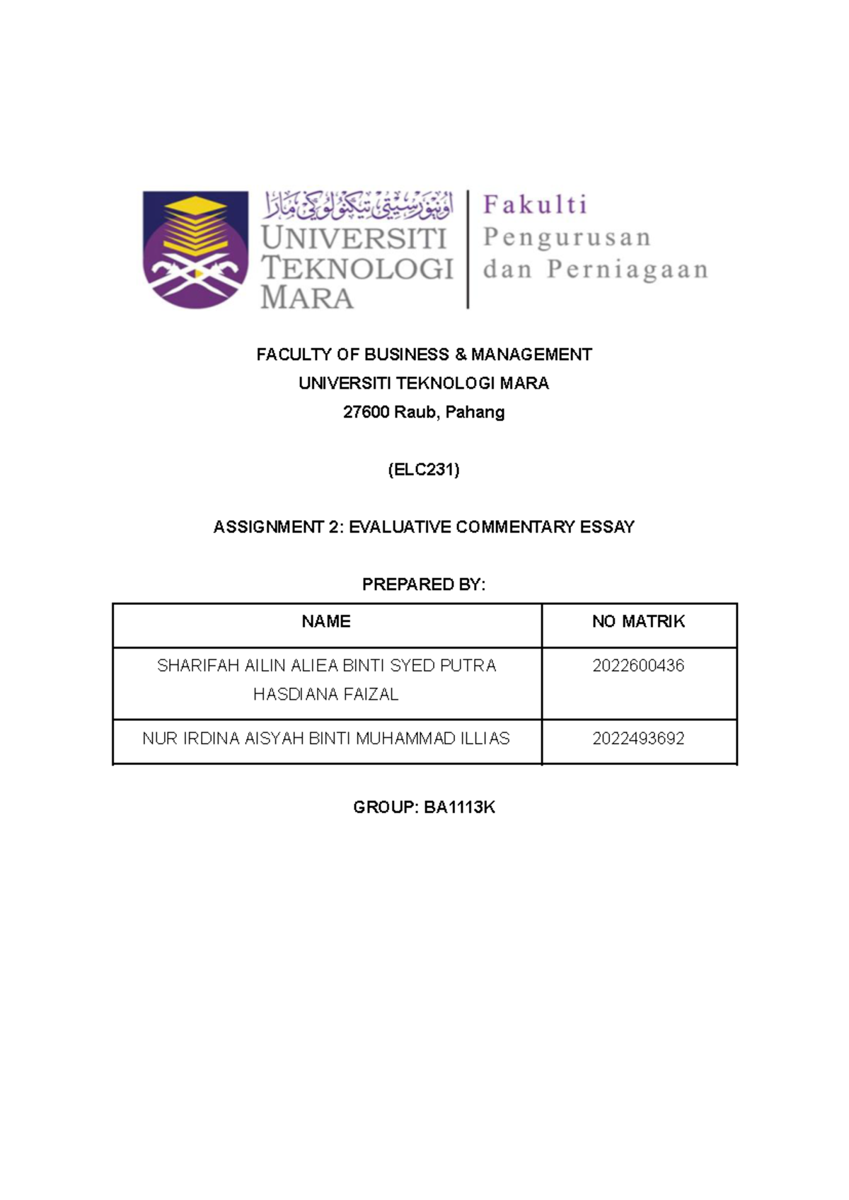 Evaluative Commentary - FACULTY OF BUSINESS & MANAGEMENT UNIVERSITI ...