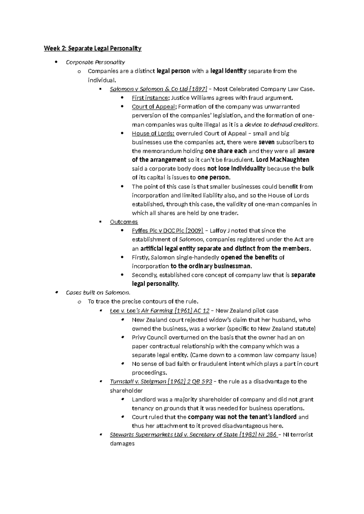 Company Law Notes - Week 2: Separate Legal Personality Corporate ...