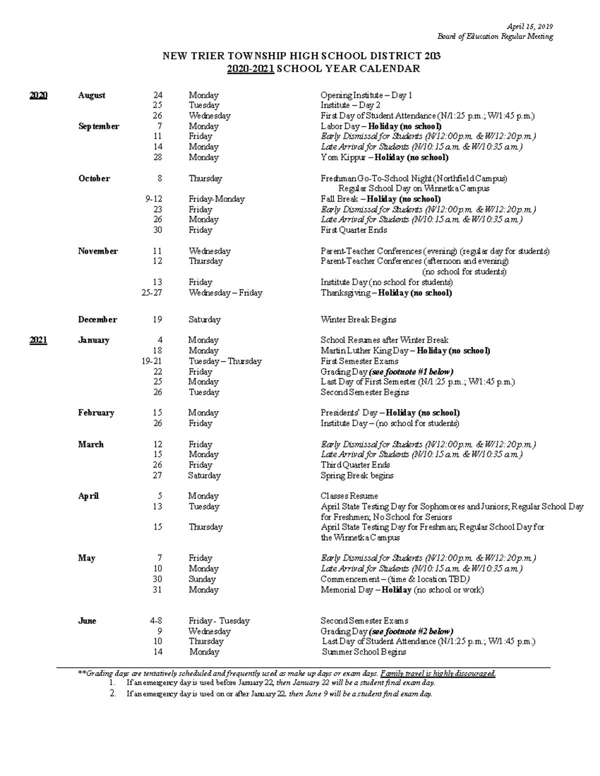 School Year Calendar 2020-2021-2 - April 15, 2019 Board of Education ...