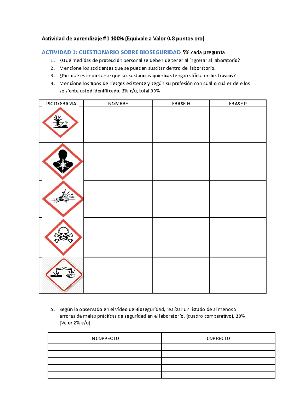 Cuestionario De Bioseguridad - Actividad De Aprendizaje #1 100% ...