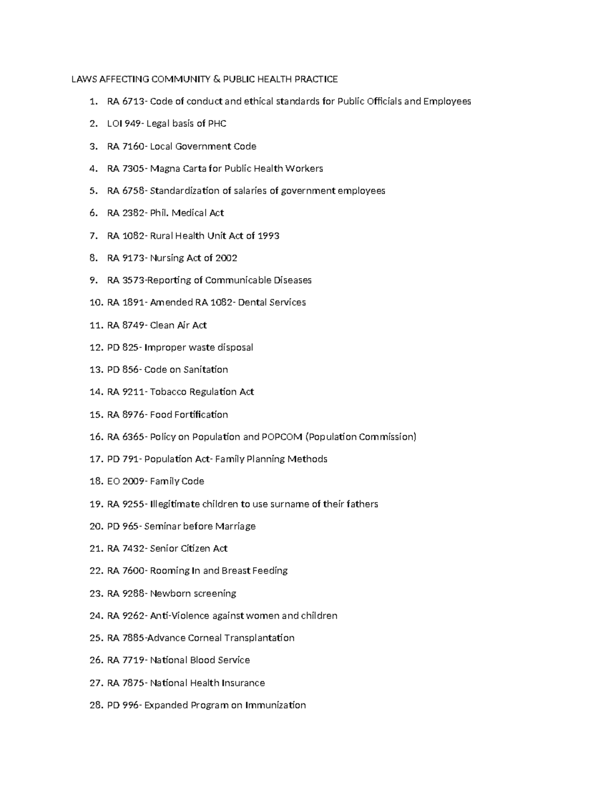 Laws - Nothing - LAWS AFFECTING COMMUNITY & PUBLIC HEALTH PRACTICE RA ...