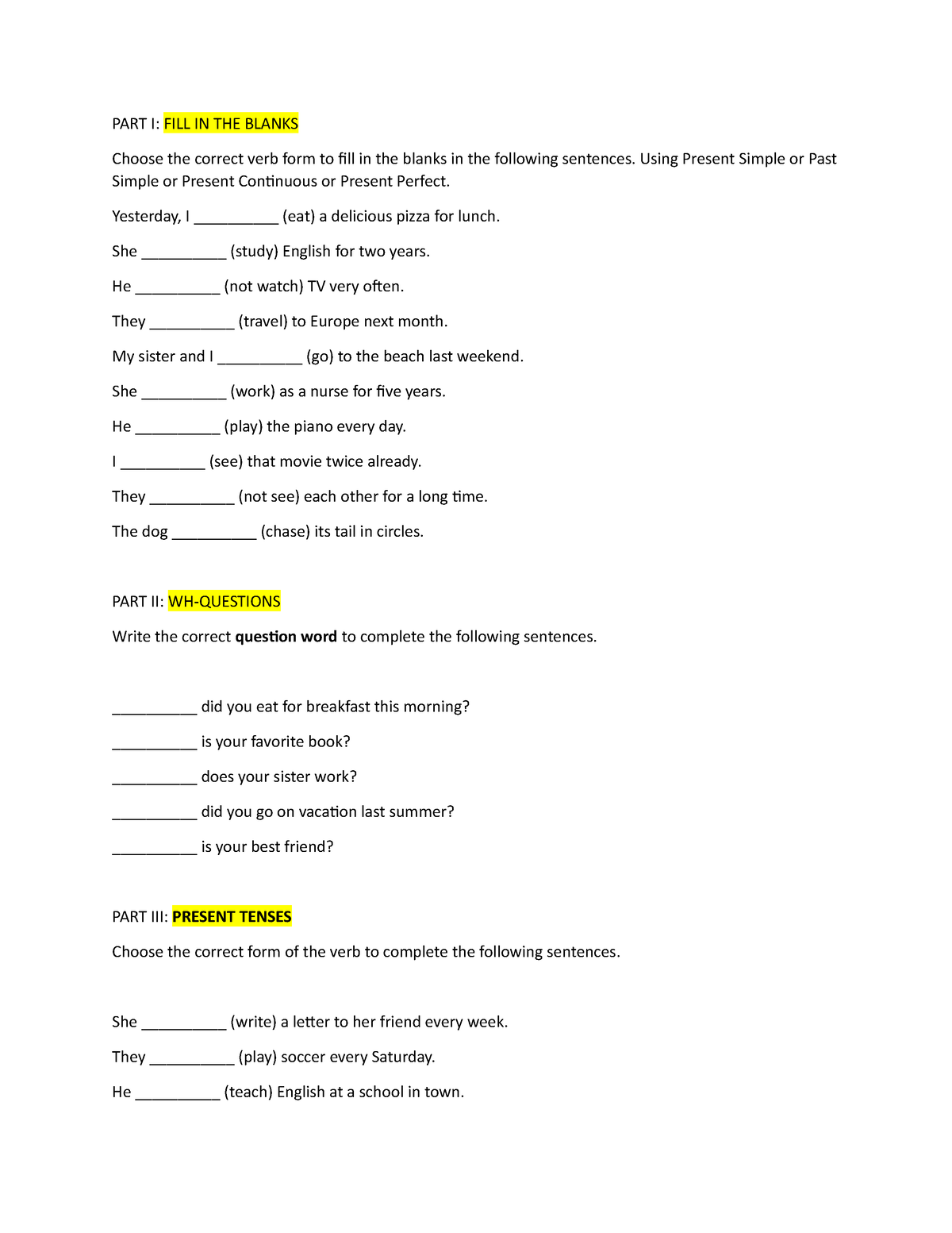 test-part-i-fill-in-the-blanks-choose-the-correct-verb-form