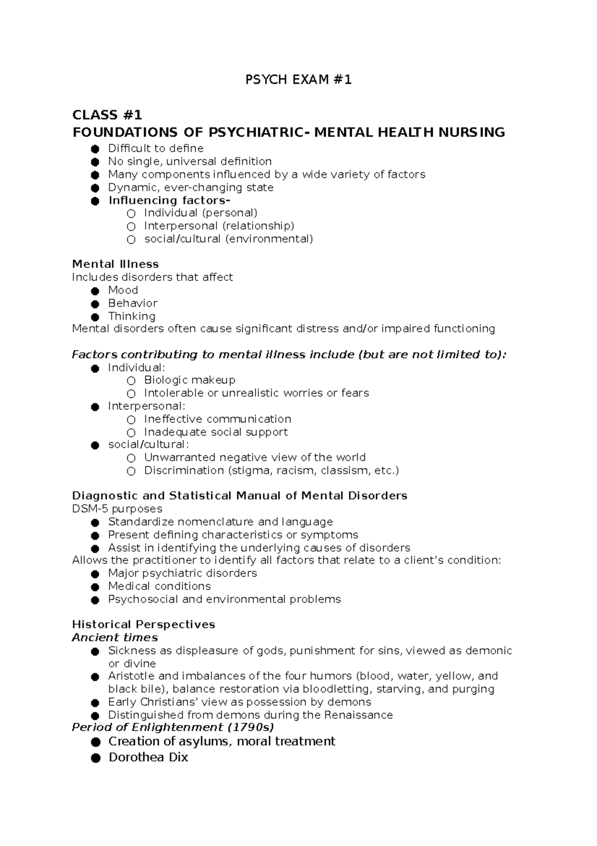 Psych exam 1 - PSYCH EXAM CLASS FOUNDATIONS OF PSYCHIATRIC- MENTAL ...