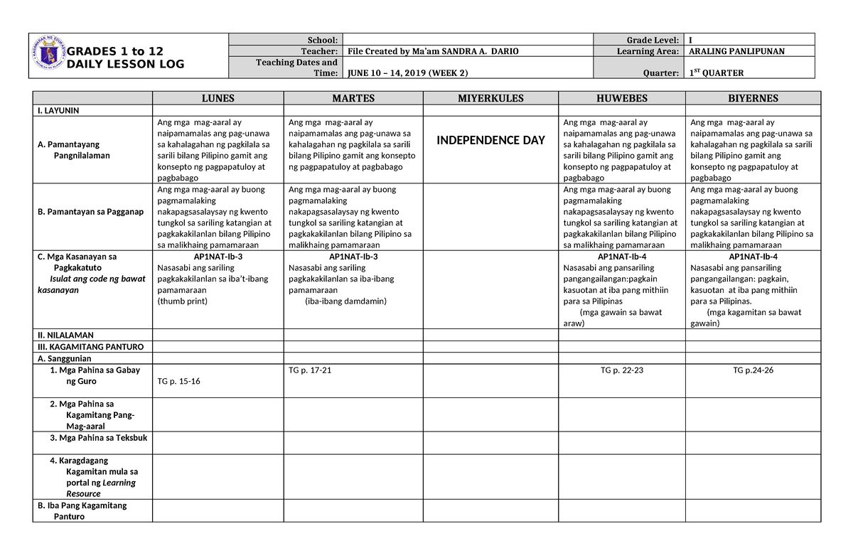 Dll Araling Panlipunan 1 Q1 W2 Grades 1 To 12 Daily Lesson Log School Grade Level I Teacher 3966