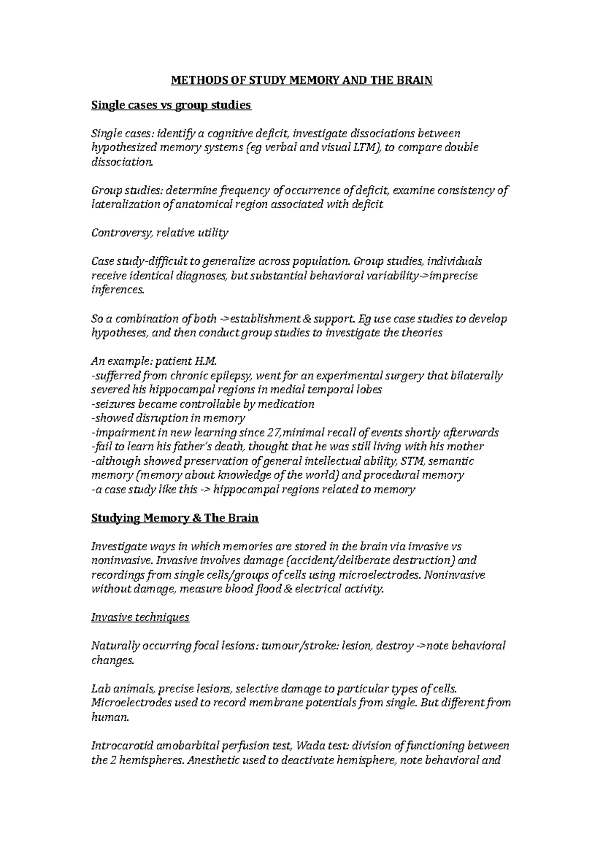 Methods of studying memory and the brain notes - METHODS OF STUDY ...