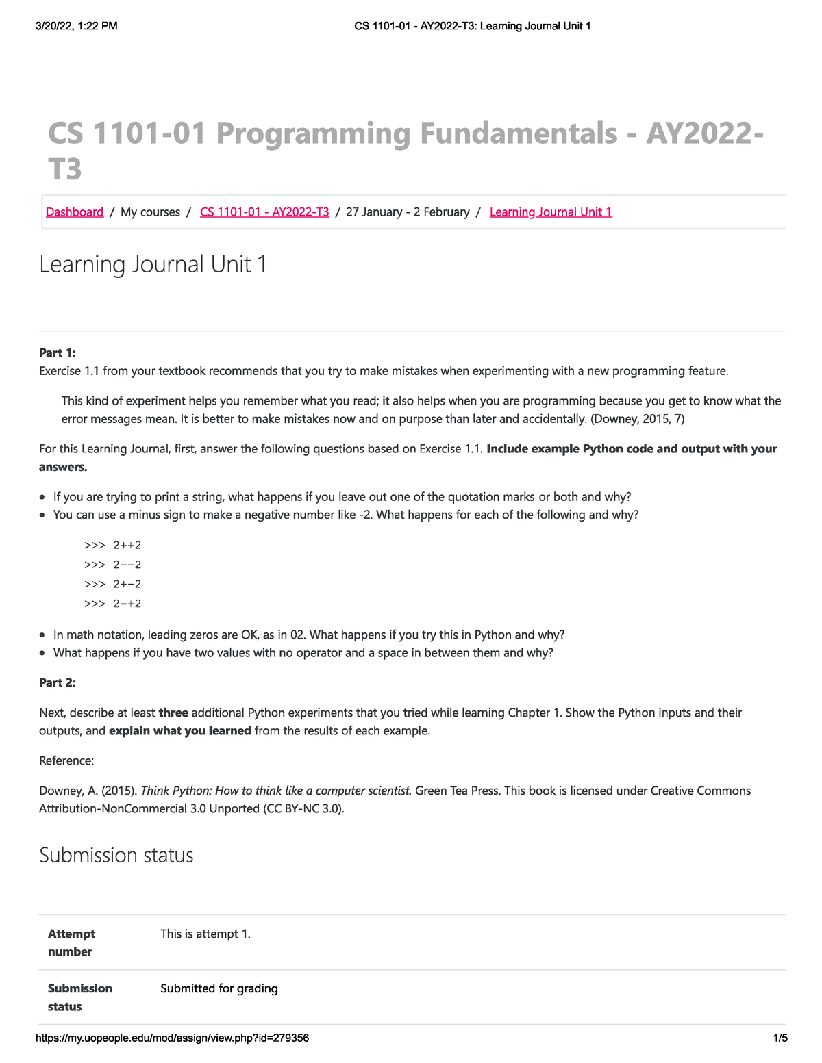 Cs 1101 Learning Journal Unit 1Is A UoPeople Degree Respected ...