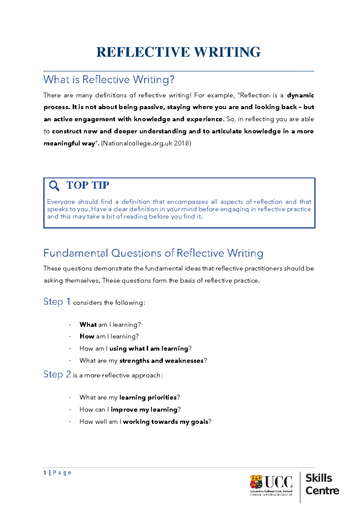 Reflective Writing - referrinng material - REFLECTIVE WRITING - Studocu