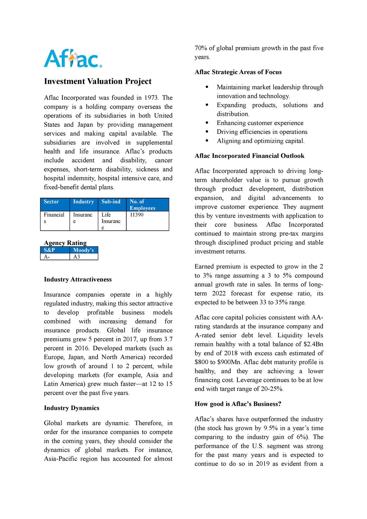 AFL Valuation Project 70 of global premium growth in the past five