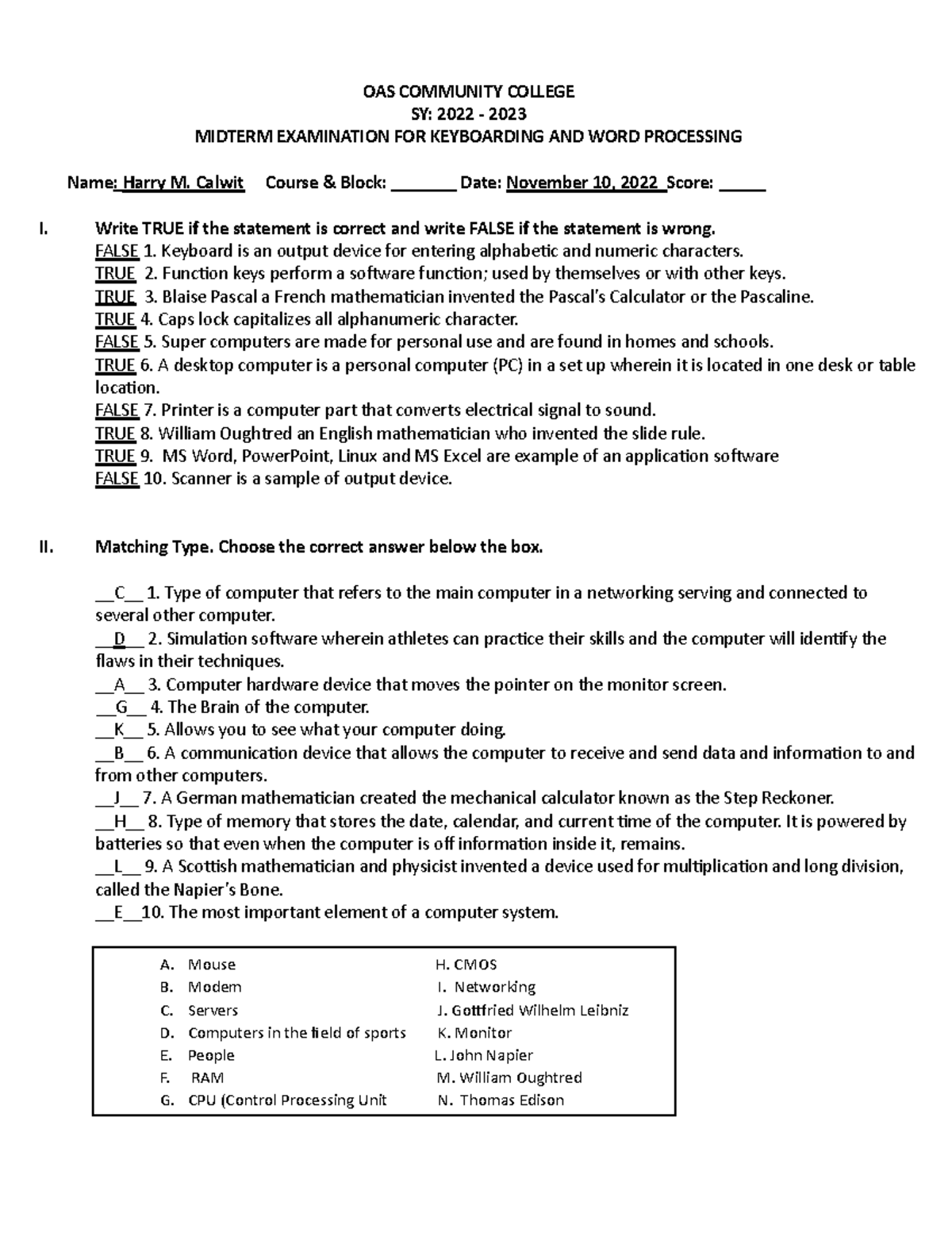 Harry M Calwit Midterm Keyboarding - Oas Community College Sy: 2022 